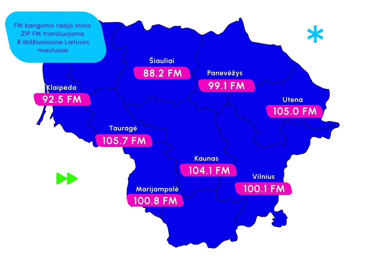 ZIP FM transliacijos dažnių žemėlapis Lietuvoje
